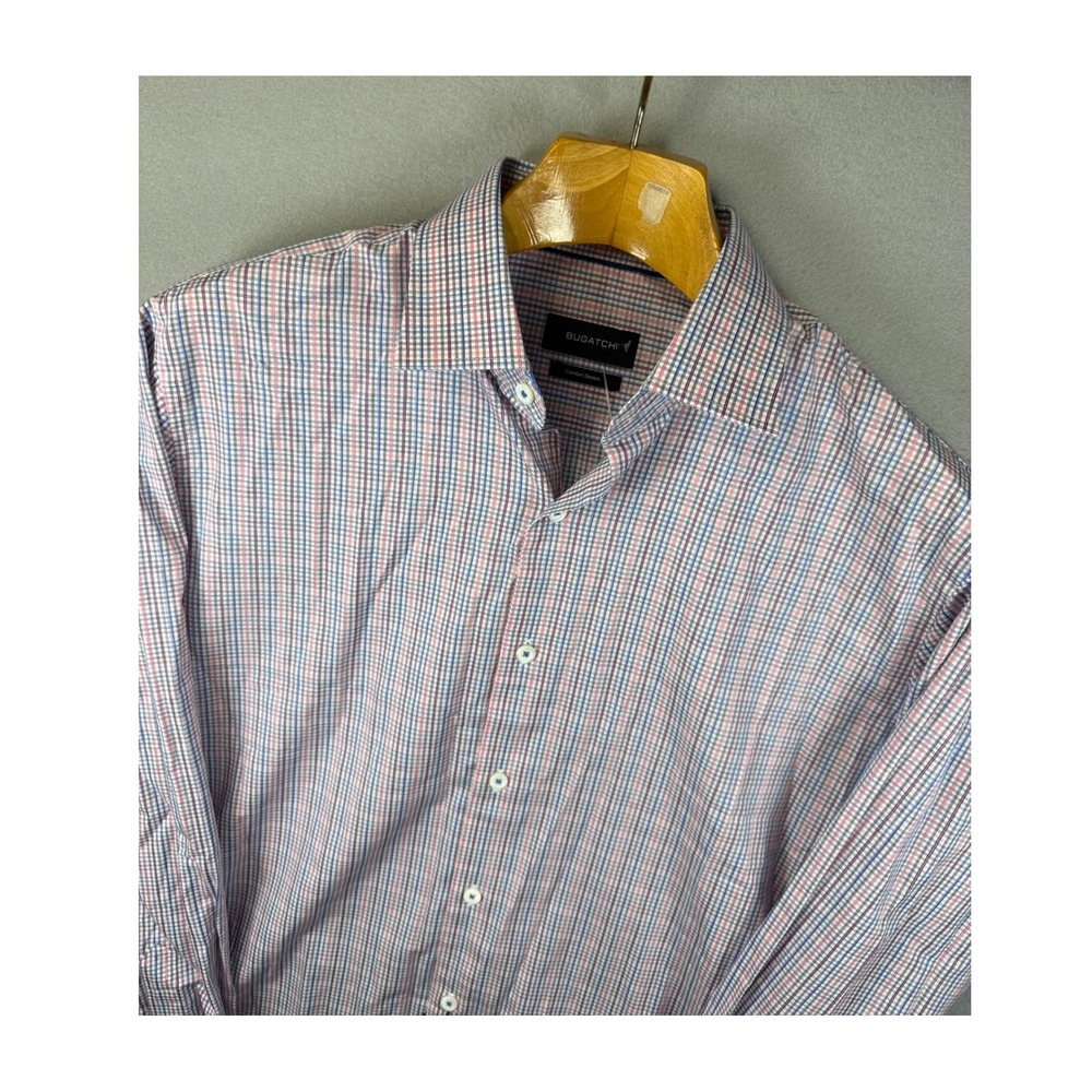 NWT Bugatchi Men Pink Blue Plaid Comfort Stretch Dress Shirt Size 15.5 Slim $179